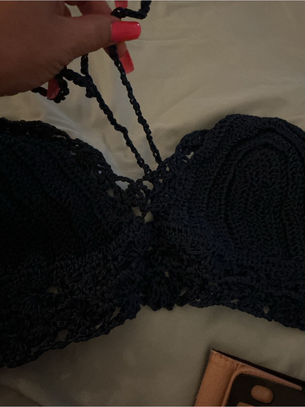Boho Navy macramé Halter Bikini Top and Fringe swimsuit cover-up Skirt Set LARGE - Picture 13 of 13